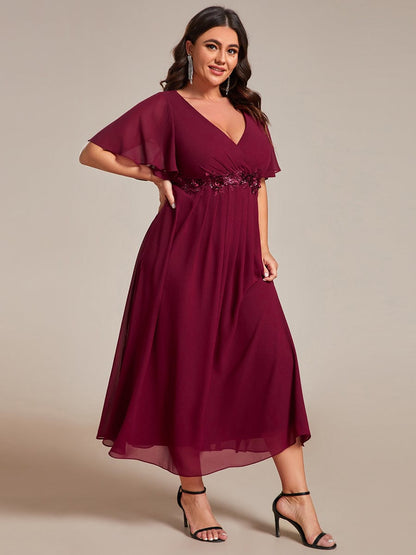 Graceful V-Neck Plus Size Wedding Guest Dress with Floral Applique