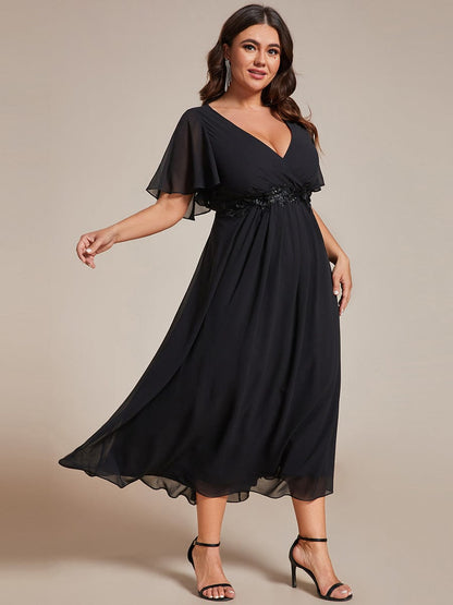 Graceful V-Neck Plus Size Wedding Guest Dress with Floral Applique