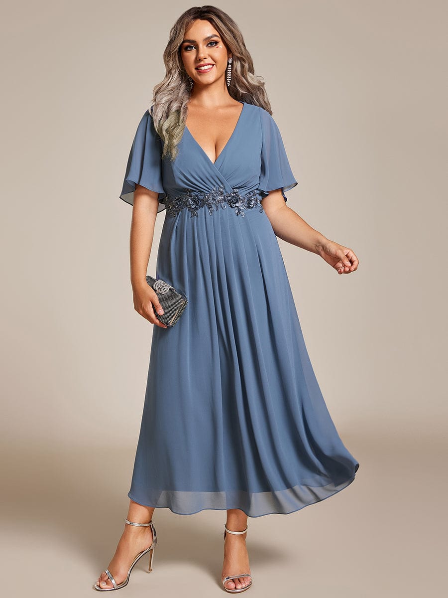 Graceful V-Neck Plus Size Wedding Guest Dress with Floral Applique