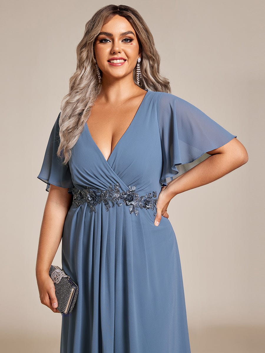 Graceful V-Neck Plus Size Wedding Guest Dress with Floral Applique