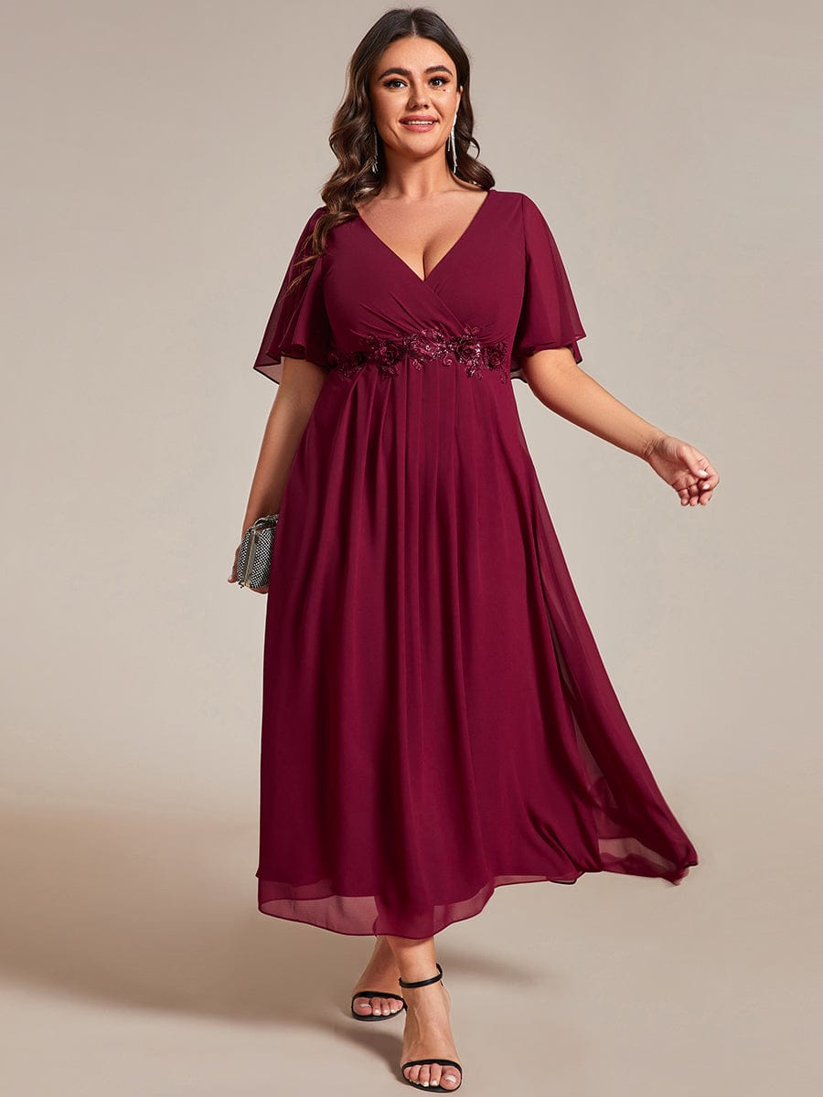 Graceful V-Neck Plus Size Wedding Guest Dress with Floral Applique