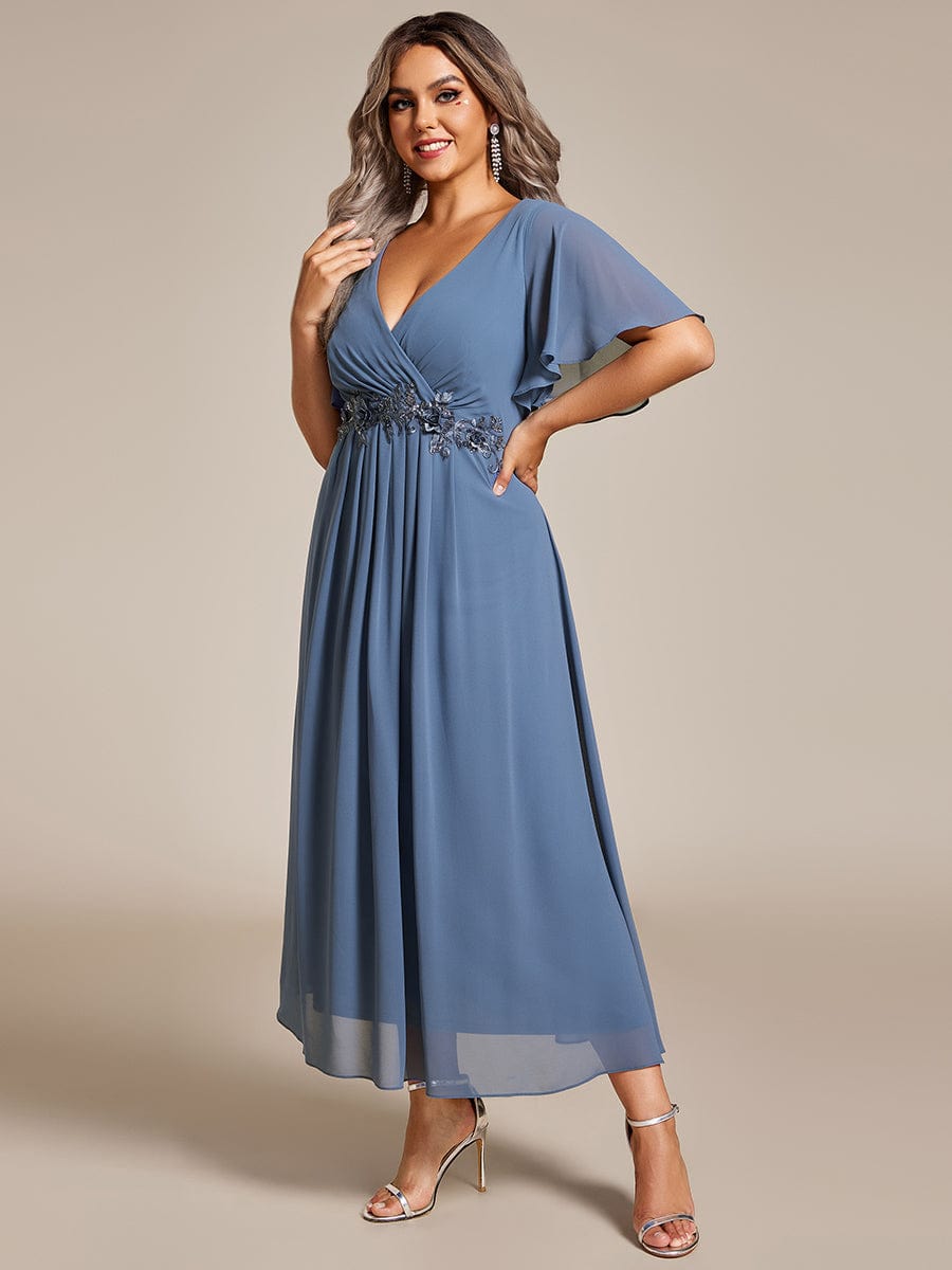 Graceful V-Neck Plus Size Wedding Guest Dress with Floral Applique