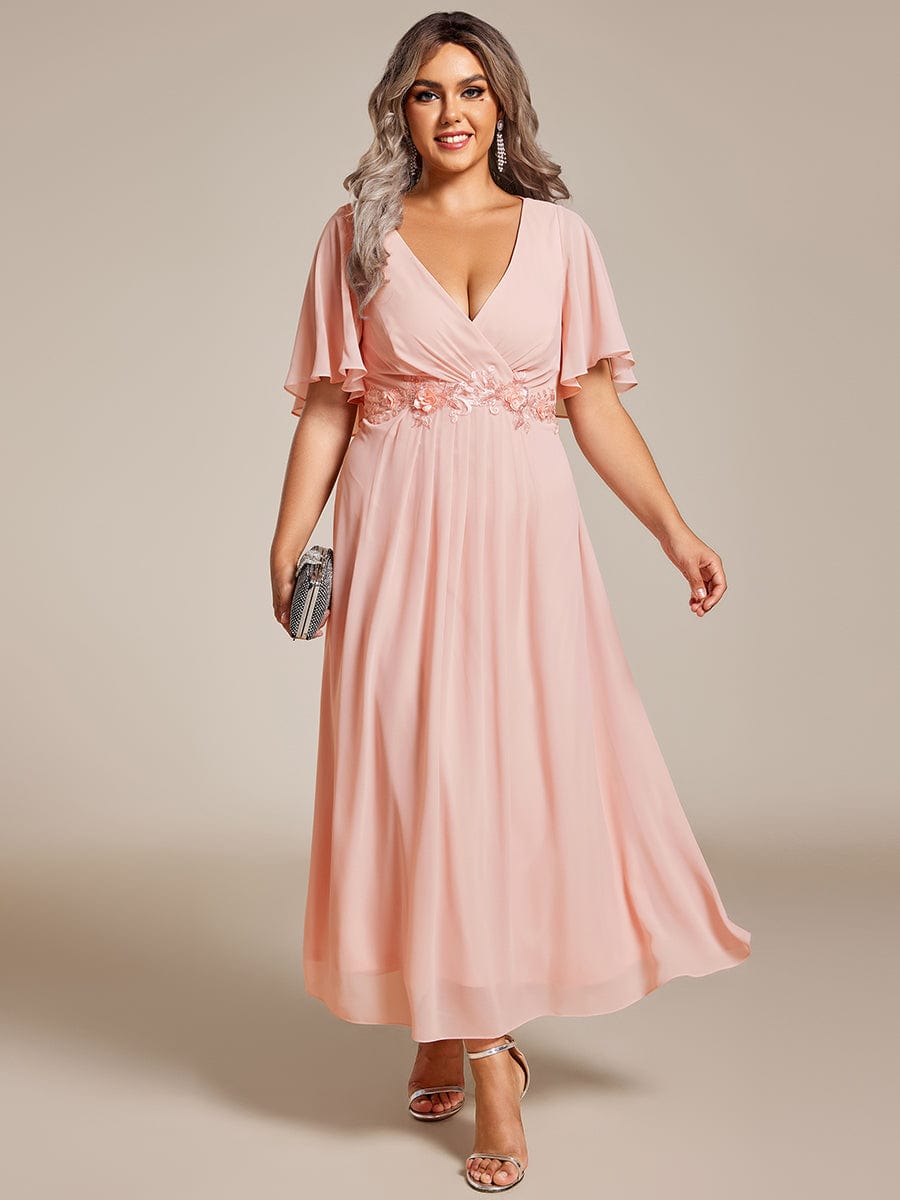 Graceful V-Neck Plus Size Wedding Guest Dress with Floral Applique