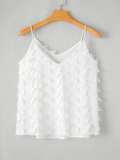 Graceful White Butterfly Applique Sheer Tank Top