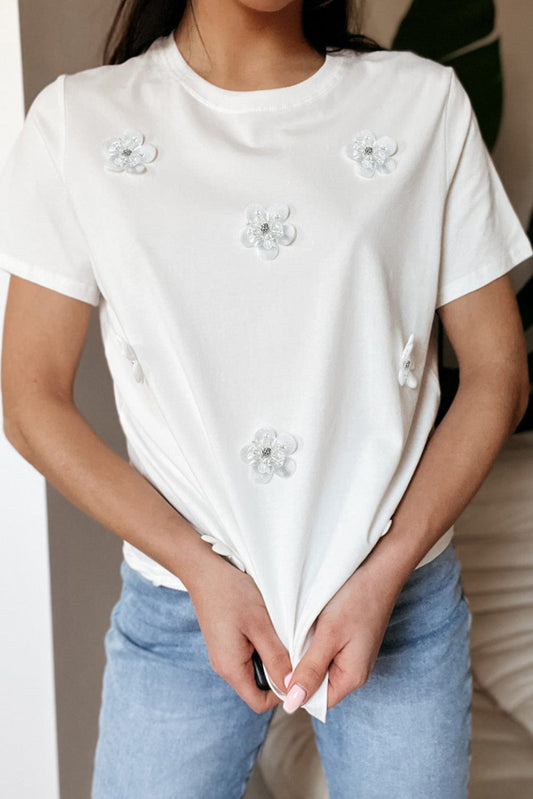 Graceful White Floral Applique Round Neck Tee