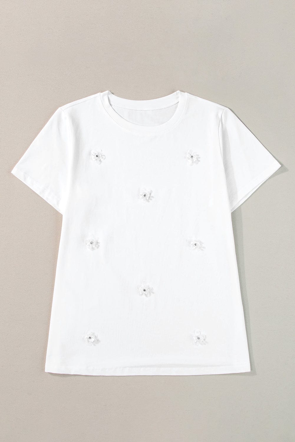 Graceful White Floral Applique Round Neck Tee