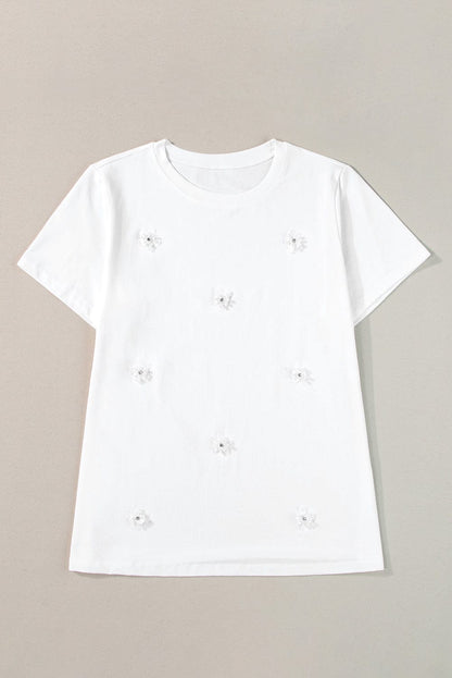 Graceful White Floral Applique Round Neck Tee
