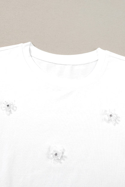 Graceful White Floral Applique Round Neck Tee
