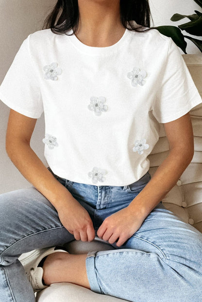 Graceful White Floral Applique Round Neck Tee