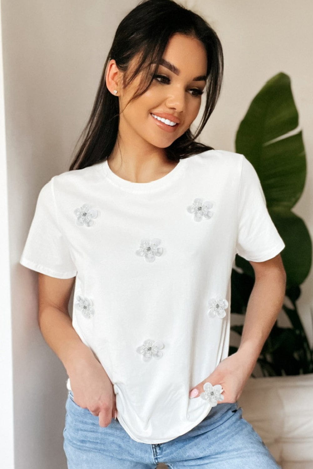 Graceful White Floral Applique Round Neck Tee
