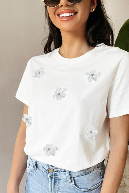 Graceful White Floral Applique Round Neck Tee
