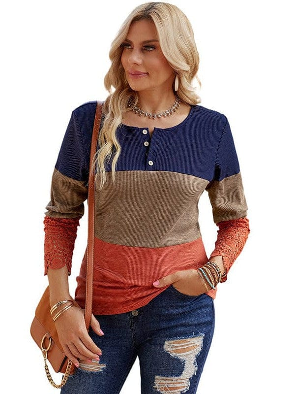 Gradient Round Neck Button Long Sleeve T-Shirt