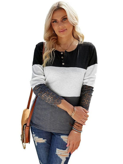 Gradient Round Neck Button Long Sleeve T-Shirt