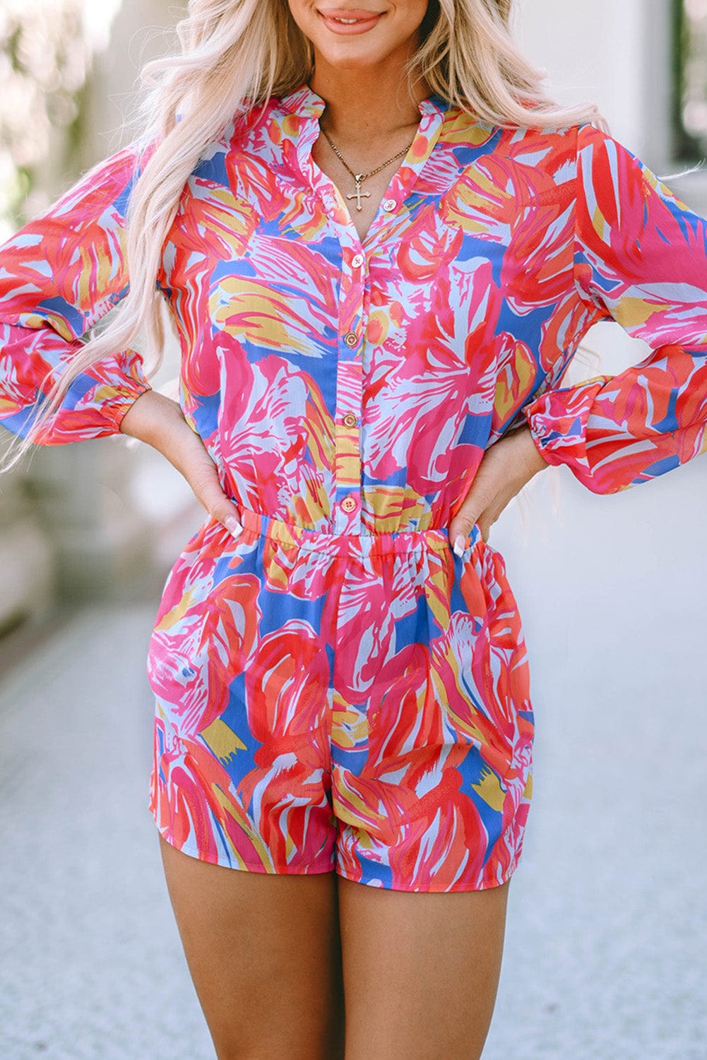 Graffiti Print Button-Up Romper with Vibrant Multicolor Design