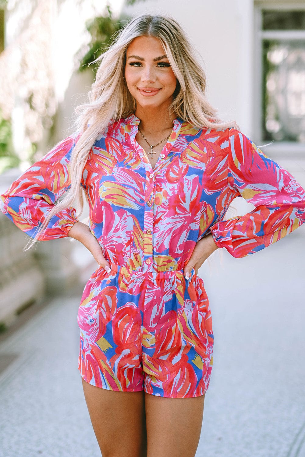 Graffiti Print Button-Up Romper with Vibrant Multicolor Design