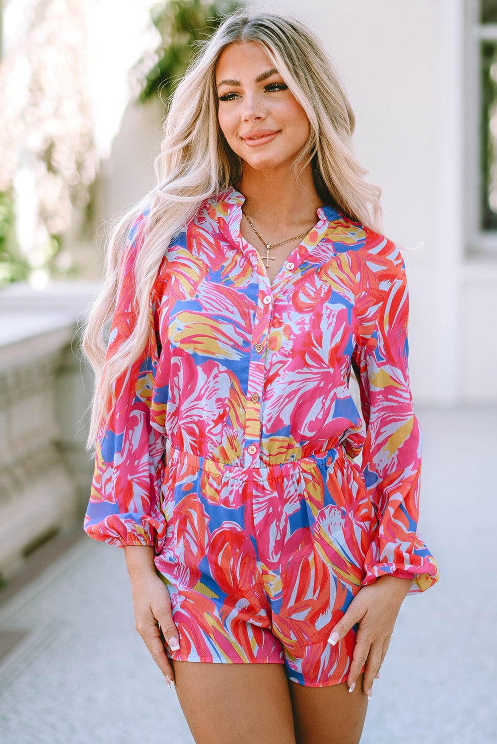Graffiti Print Button-Up Romper with Vibrant Multicolor Design