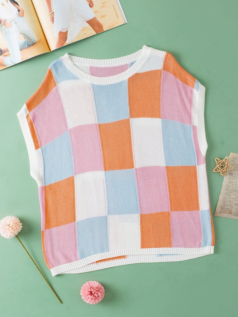 Grapefruit Orange Checkered Cap Sleeve Knit Top