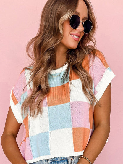 Grapefruit Orange Checkered Cap Sleeve Knit Top