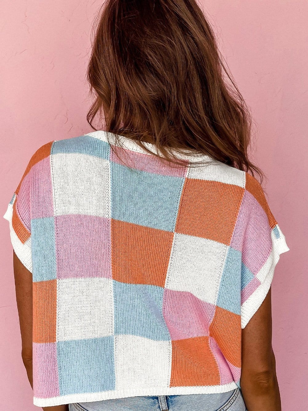 Grapefruit Orange Checkered Cap Sleeve Knit Top