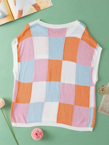 Grapefruit Orange Checkered Cap Sleeve Knit Top