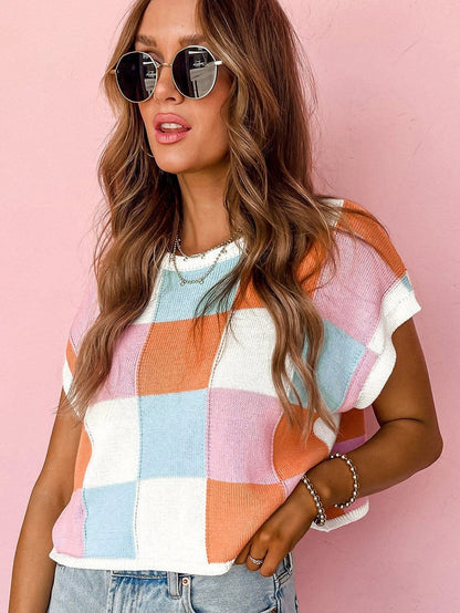 Grapefruit Orange Checkered Cap Sleeve Knit Top