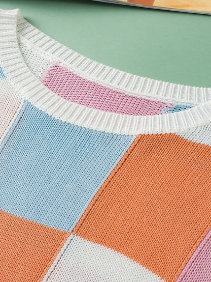 Grapefruit Orange Checkered Cap Sleeve Knit Top