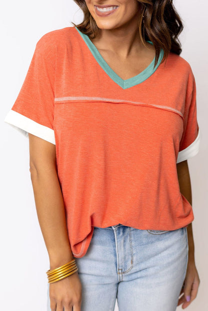 Grapefruit Orange Color Block V Neck T-shirt with Exposed Stitch Detail