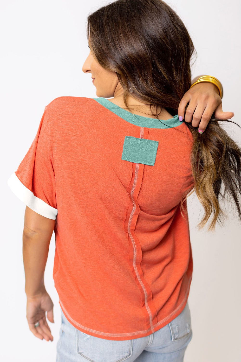 Grapefruit Orange Color Block V Neck T-shirt with Exposed Stitch Detail