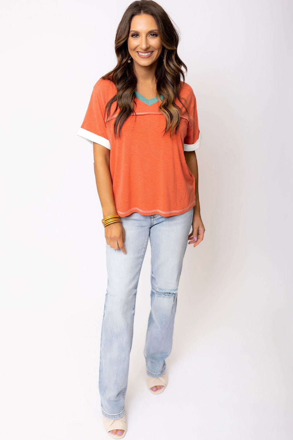 Grapefruit Orange Color Block V Neck T-shirt with Exposed Stitch Detail