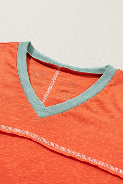 Grapefruit Orange Color Block V Neck T-shirt with Exposed Stitch Detail