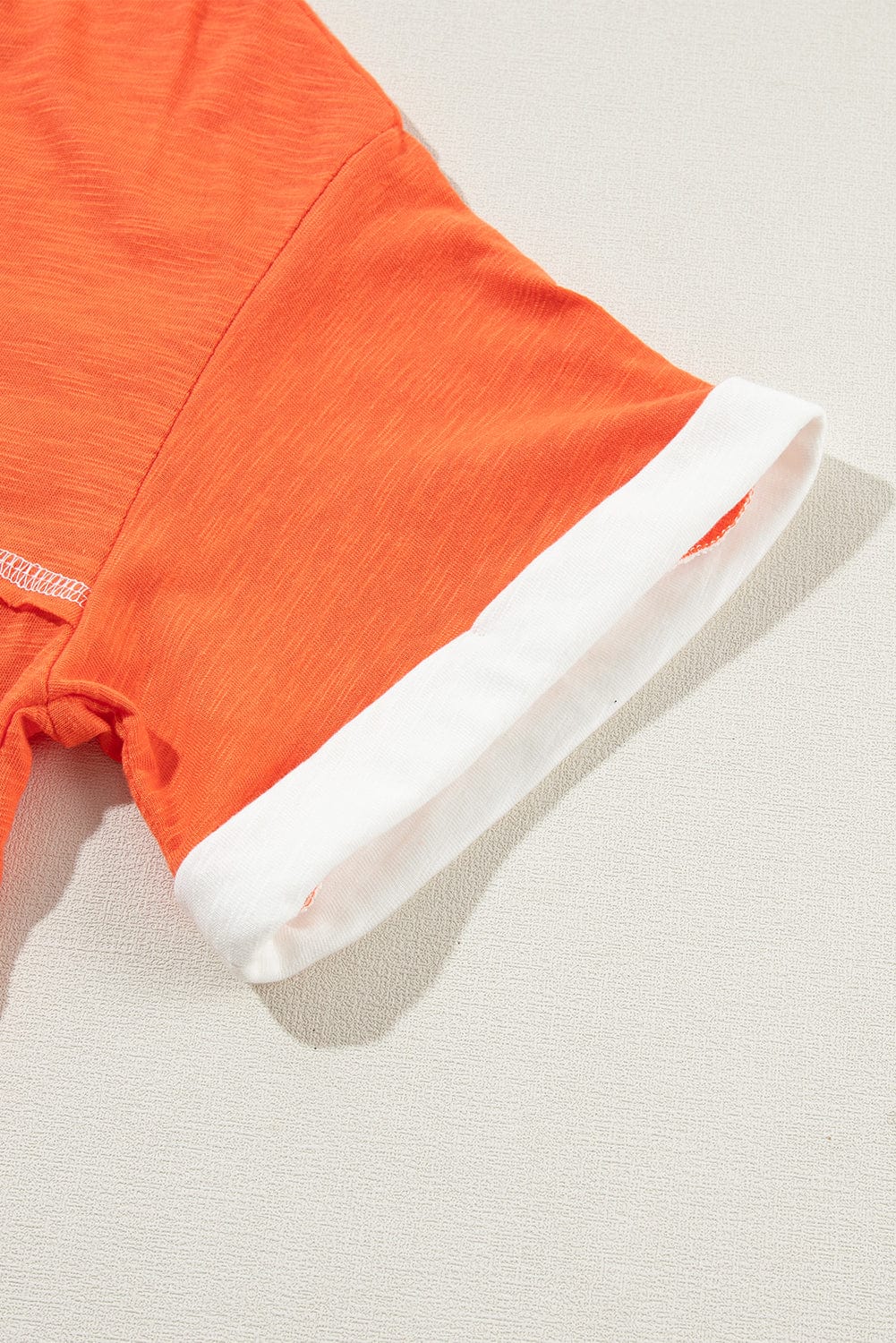 Grapefruit Orange Color Block V Neck T-shirt with Exposed Stitch Detail
