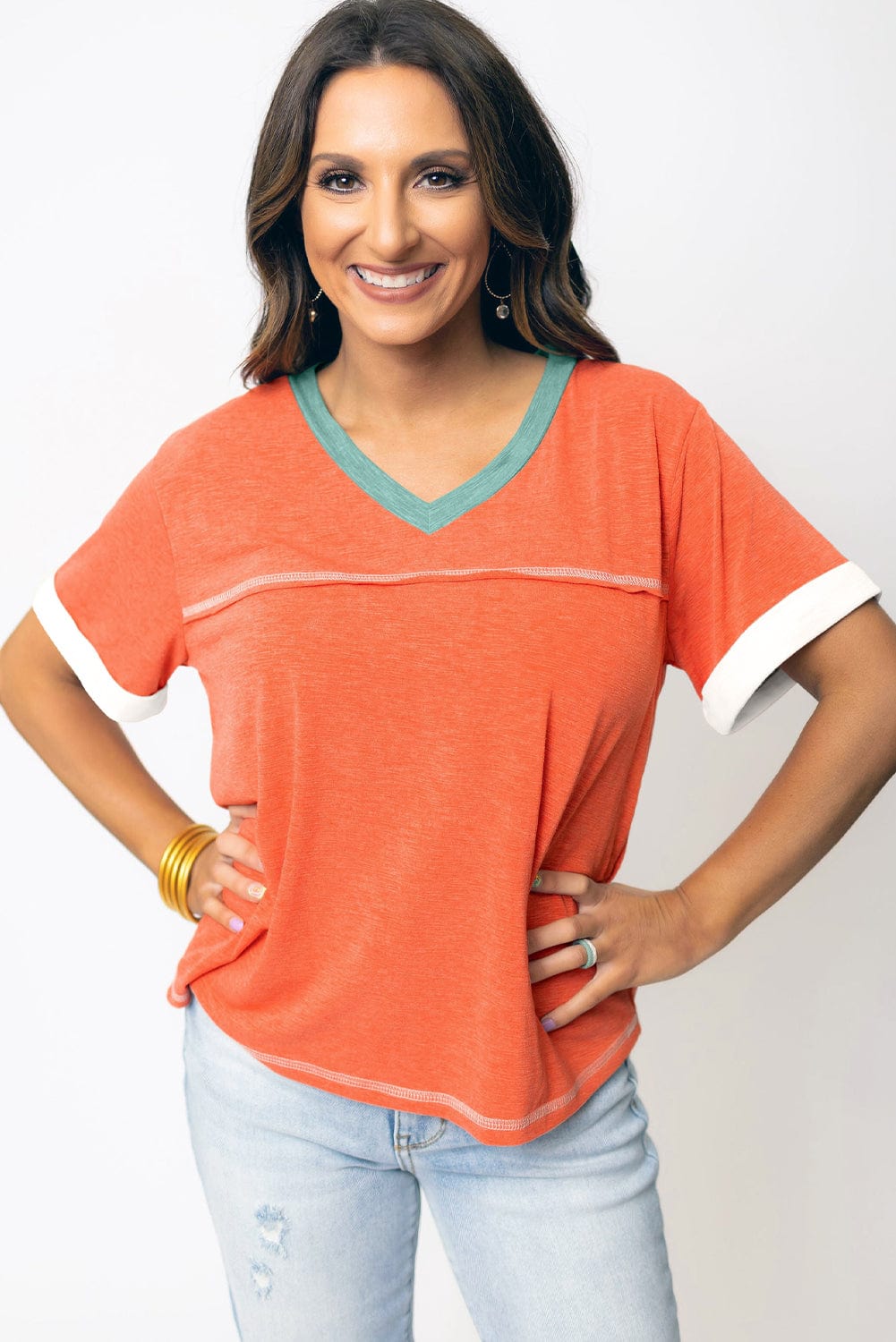 Grapefruit Orange Color Block V Neck T-shirt with Exposed Stitch Detail