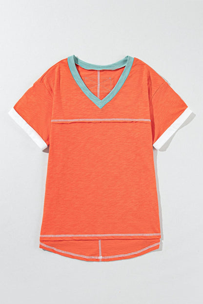 Grapefruit Orange Color Block V Neck T-shirt with Exposed Stitch Detail