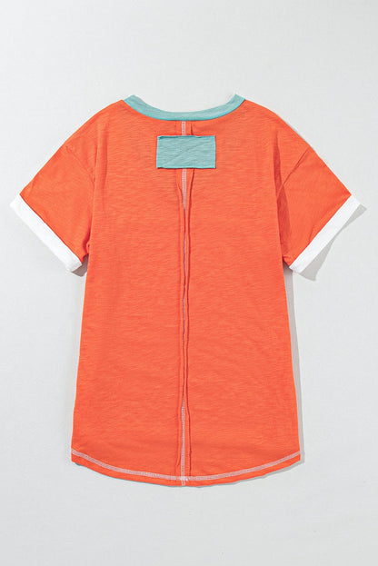 Grapefruit Orange Color Block V Neck T-shirt with Exposed Stitch Detail