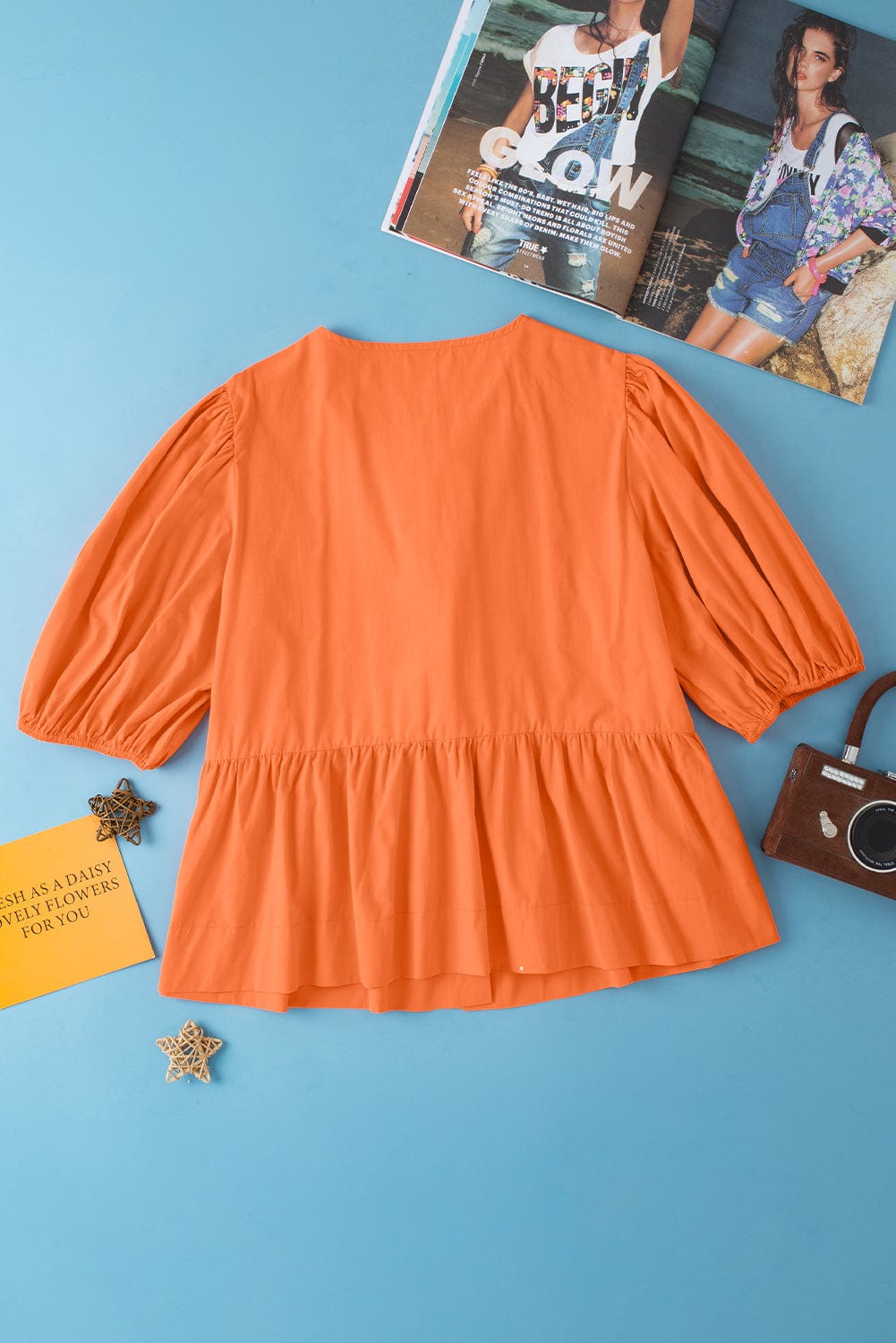 Grapefruit Orange Knotted Puff Peplum Blouse with Short Sleeves