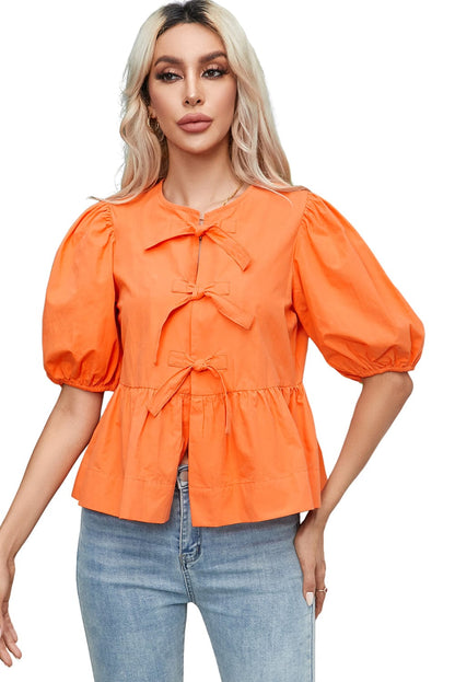 Grapefruit Orange Knotted Puff Peplum Blouse with Short Sleeves