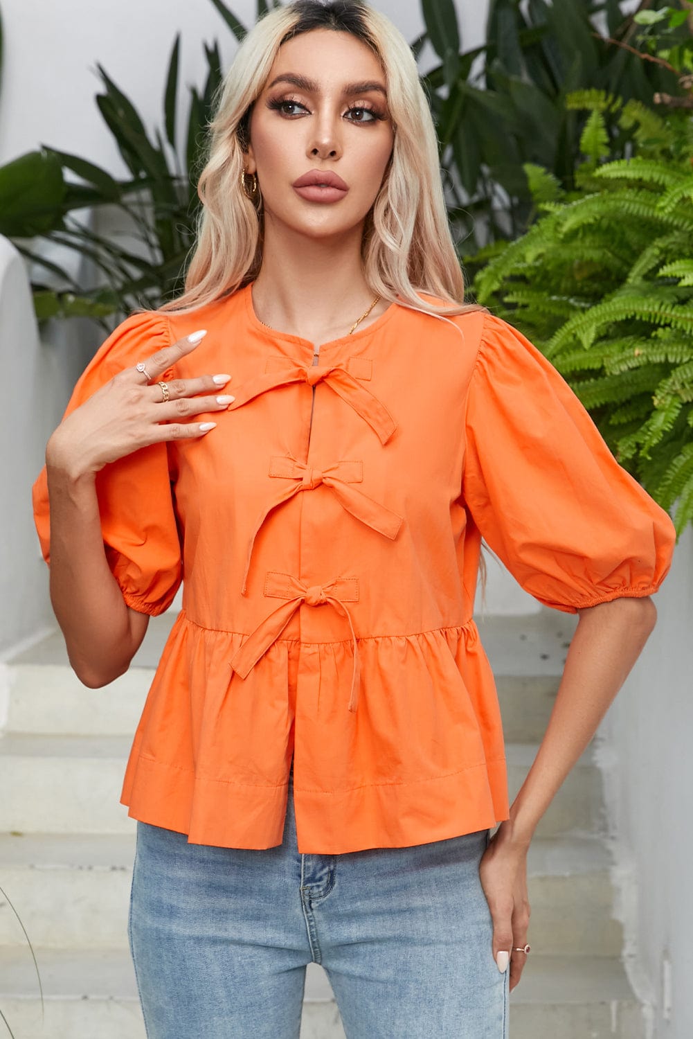 Grapefruit Orange Knotted Puff Peplum Blouse with Short Sleeves