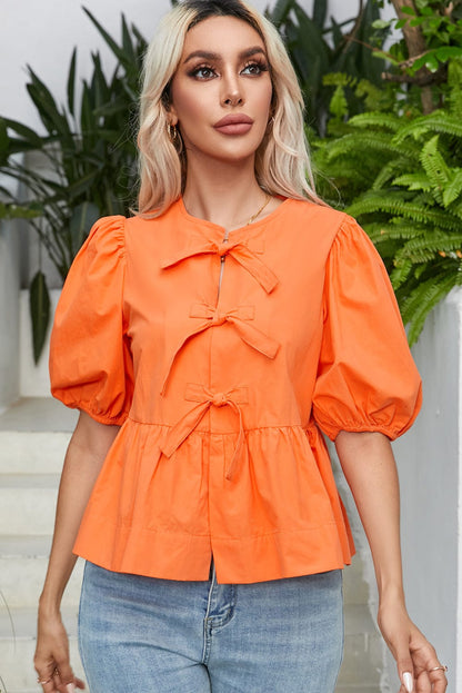 Grapefruit Orange Knotted Puff Peplum Blouse with Short Sleeves