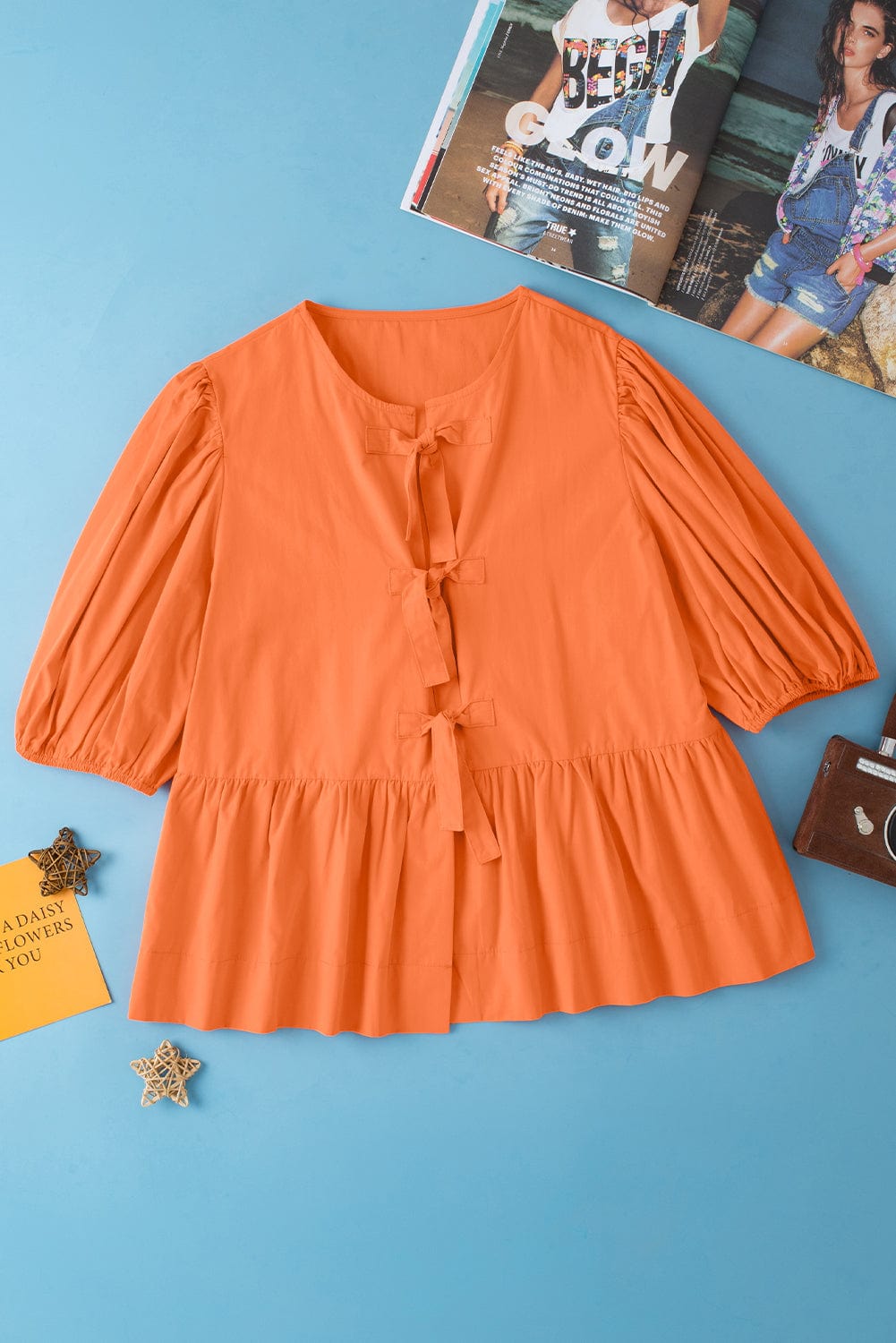 Grapefruit Orange Knotted Puff Peplum Blouse with Short Sleeves