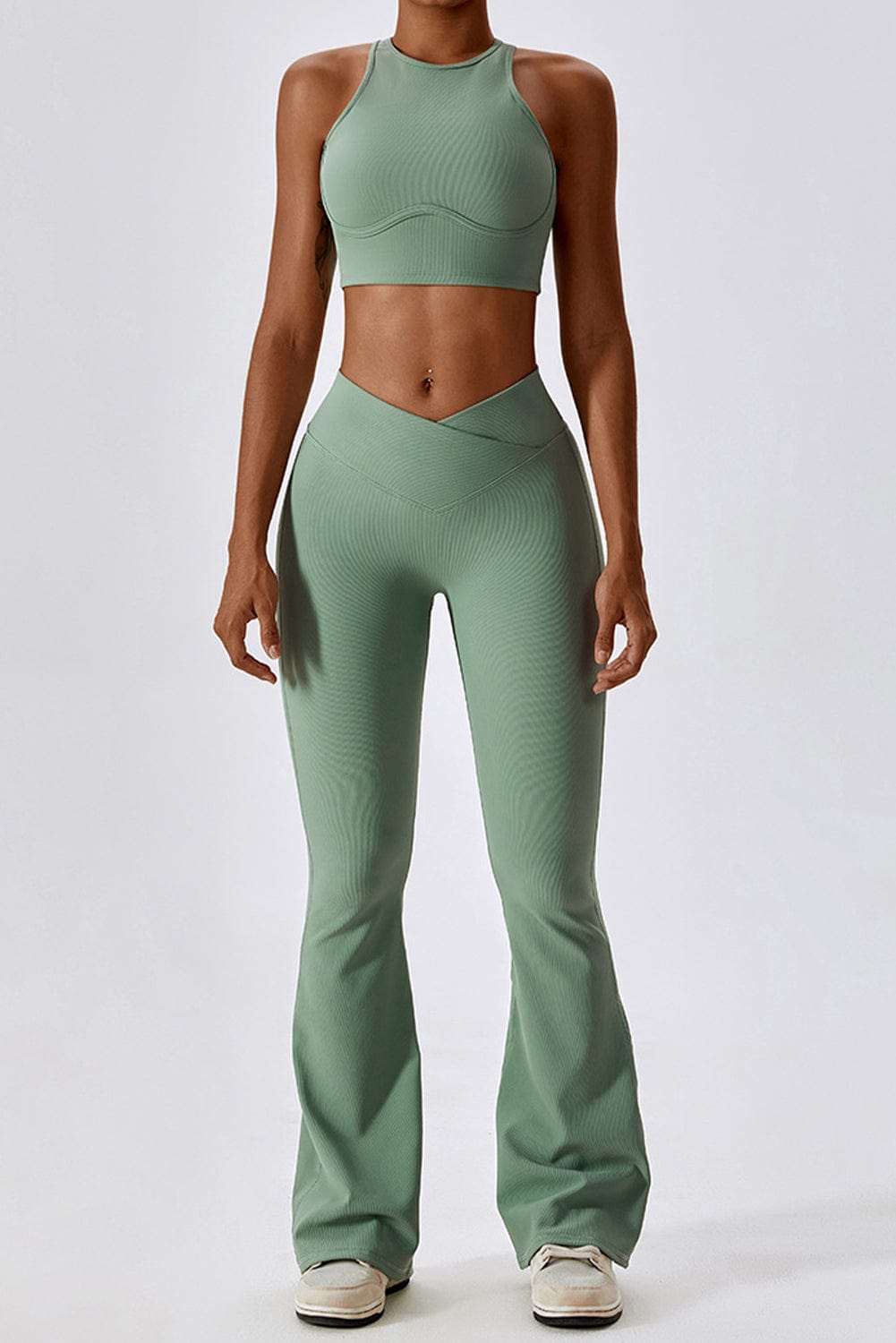 Grass Green Push-Up Bra and Flare Pants Yoga Set