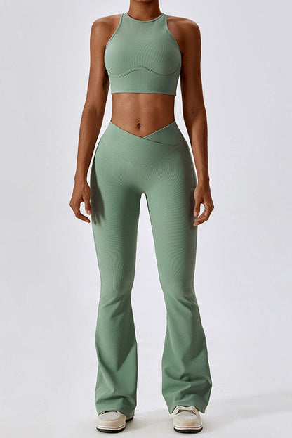 Grass Green Push-Up Bra and Flare Pants Yoga Set