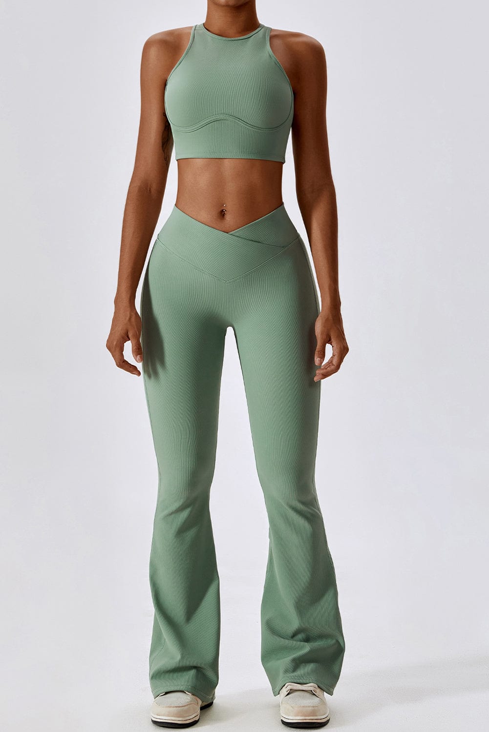 Grass Green Push-Up Bra and Flare Pants Yoga Set