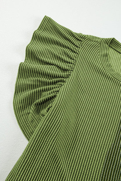Grass Green Ribbed Shift Dress with Flutter Sleeves