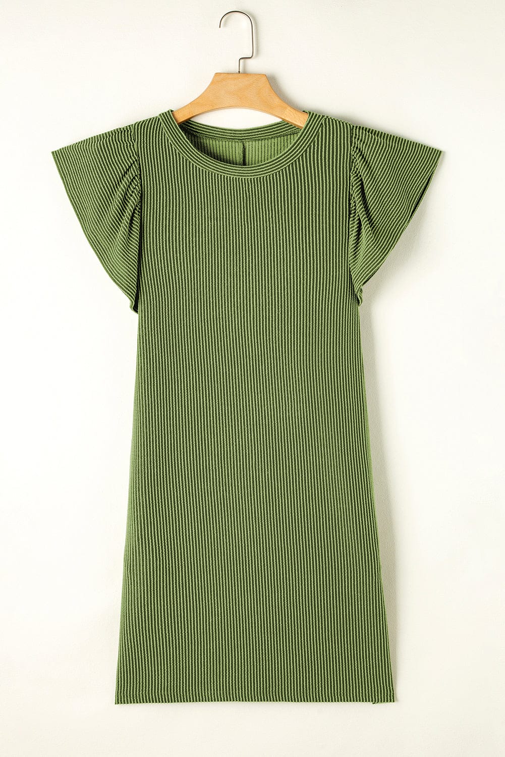 Grass Green Ribbed Shift Dress with Flutter Sleeves