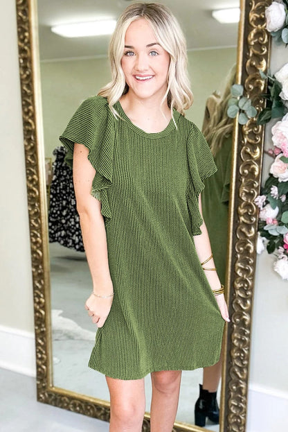 Grass Green Ribbed Shift Dress with Flutter Sleeves