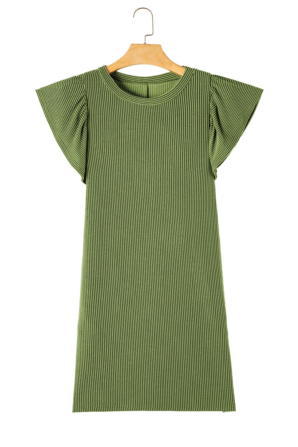 Grass Green Ribbed Shift Dress with Flutter Sleeves