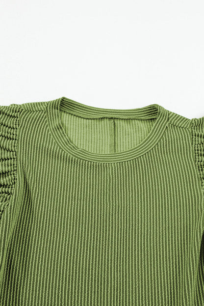 Grass Green Ribbed Shift Dress with Flutter Sleeves