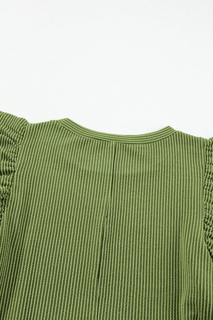 Grass Green Ribbed Shift Dress with Flutter Sleeves