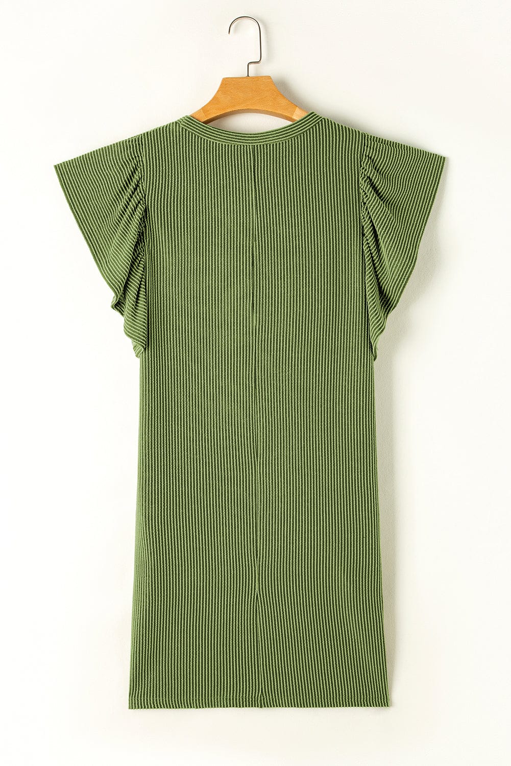 Grass Green Ribbed Shift Dress with Flutter Sleeves