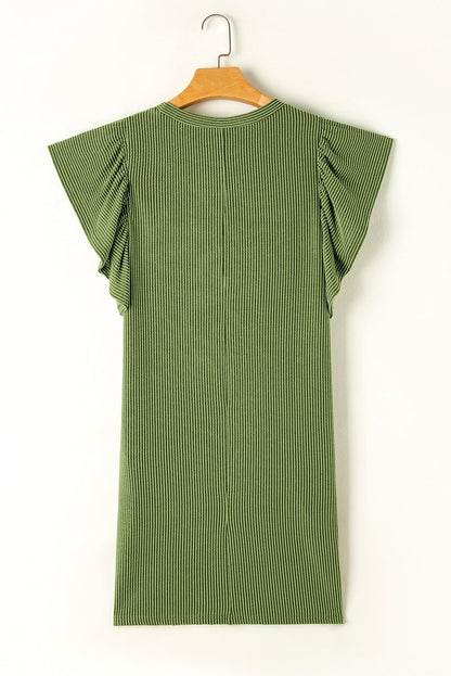 Grass Green Ribbed Shift Dress with Flutter Sleeves